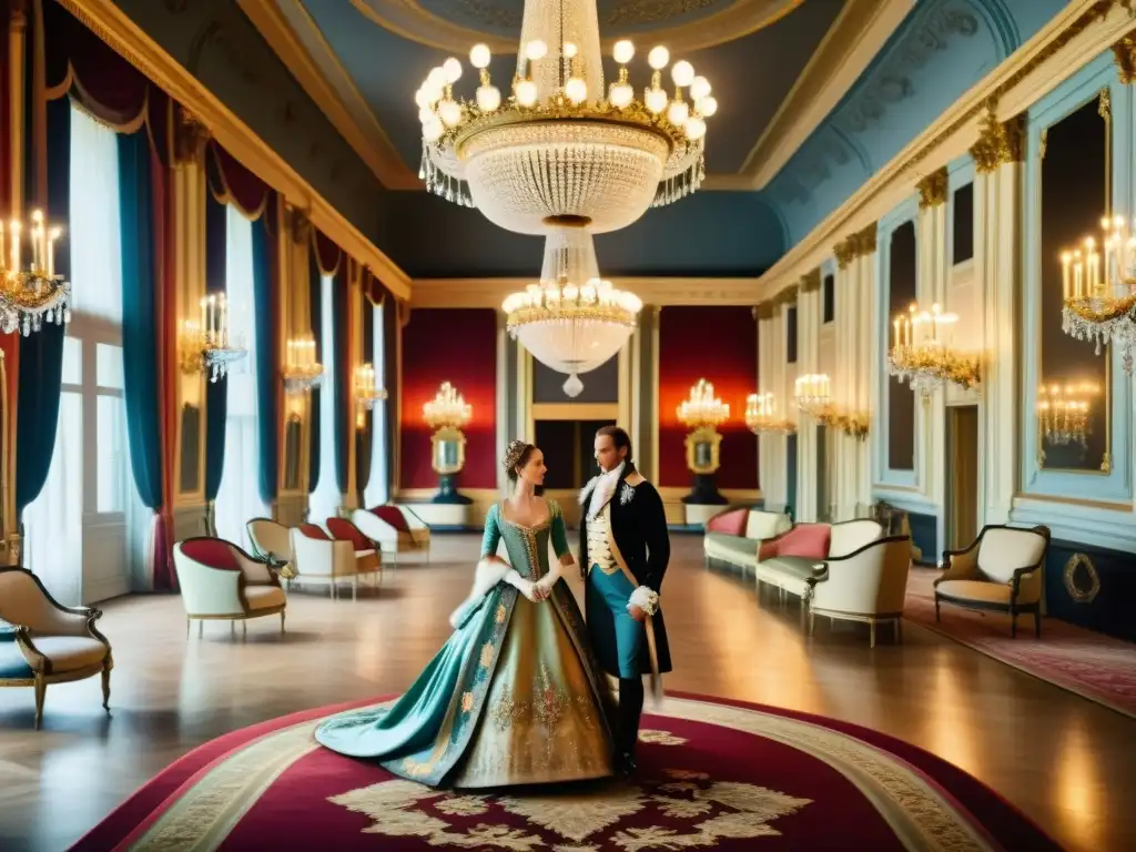 Imagen 8k de un salón de baile en un lujoso palacio del siglo XVIII, reflejando la moda y la jerarquía social de la época