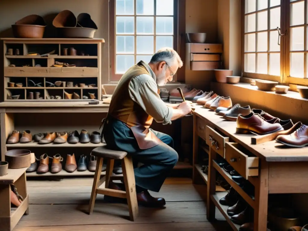 Imagen de un taller de zapatería vintage, con bancos de madera desgastada, herramientas y zapatos a medio hacer