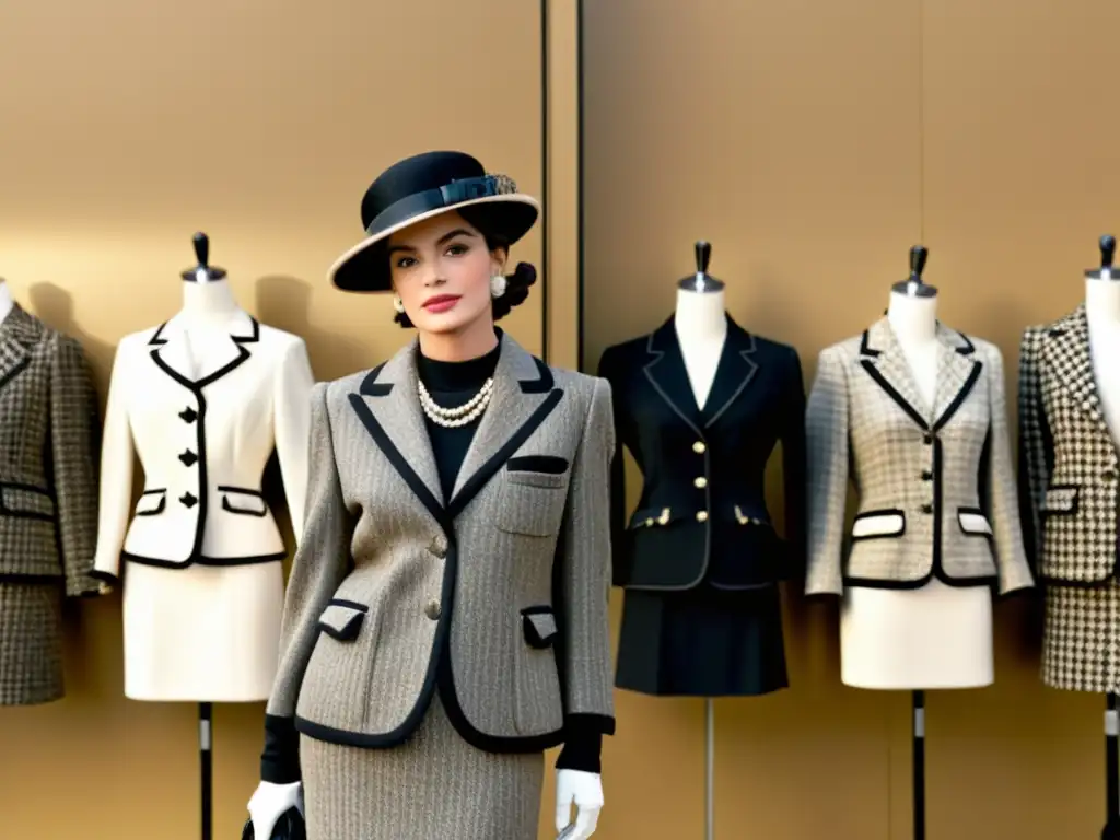 La imagen muestra la evolución del traje de tweed de Chanel, exudando elegancia y atemporalidad