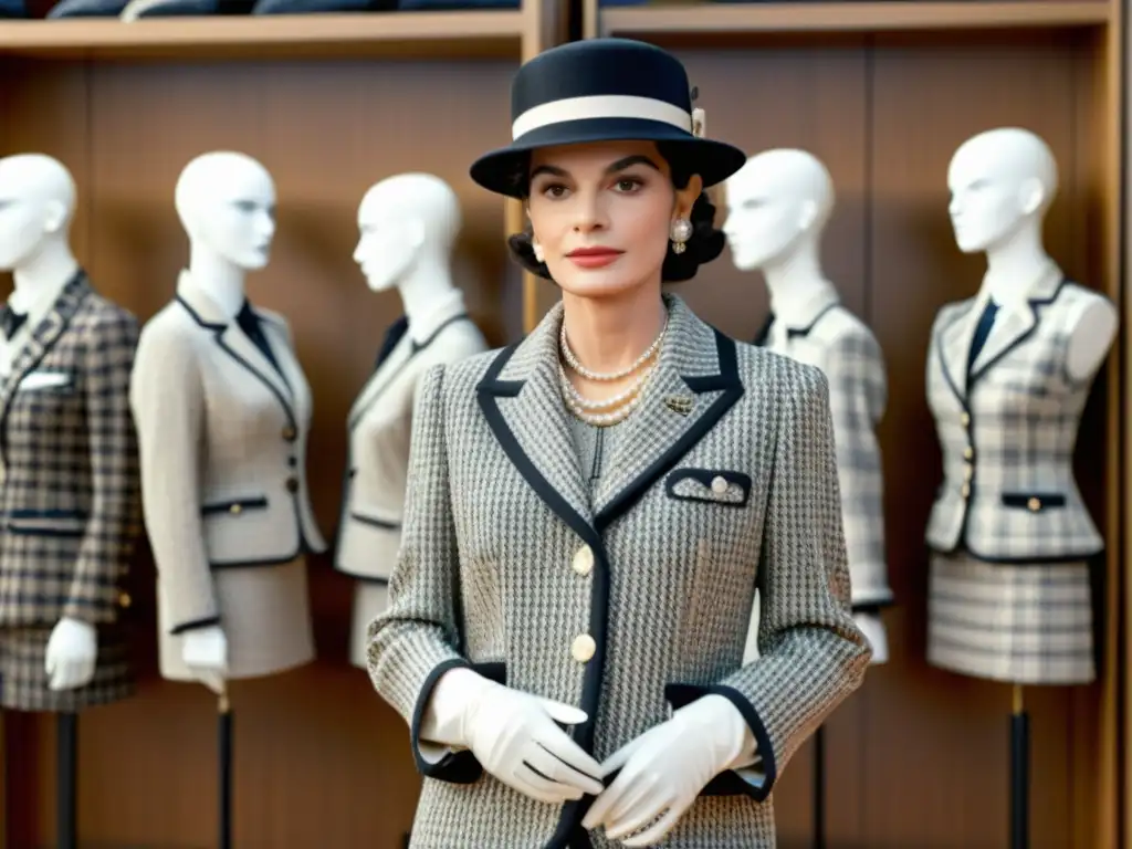 La imagen muestra a Coco Chanel en su traje tweed, rodeada de maniquíes con sus diseños revolucionarios, resaltando su impacto cultural en la moda