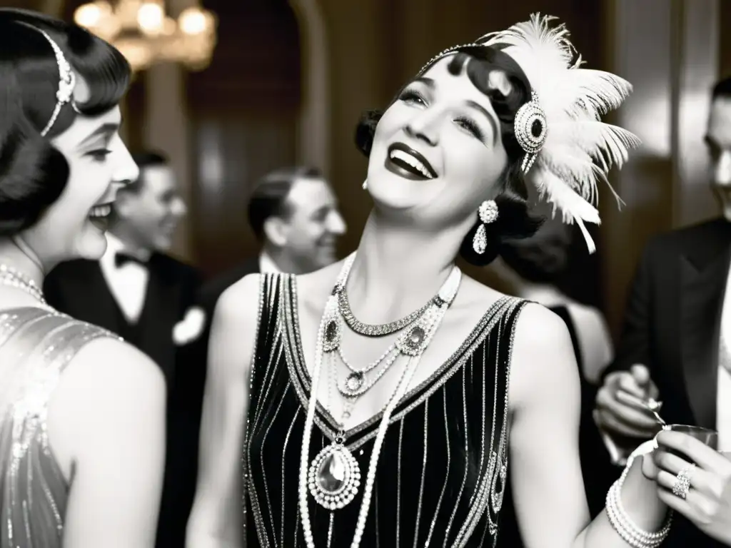 Imagen vintage de una elegante mujer riendo en una fiesta de los años 20, resaltando las revueltas de la moda del siglo XX