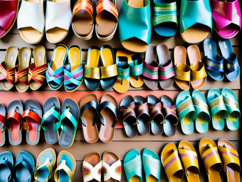 Imagen de zapatos en la cultura asiática: mercado bullicioso con calzado tradicional, colores vivos y rica herencia artesanal