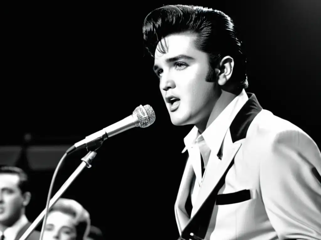 Una impactante actuación de Elvis Presley en blanco y negro, irradiando carisma rebelde y energía rock 'n' roll