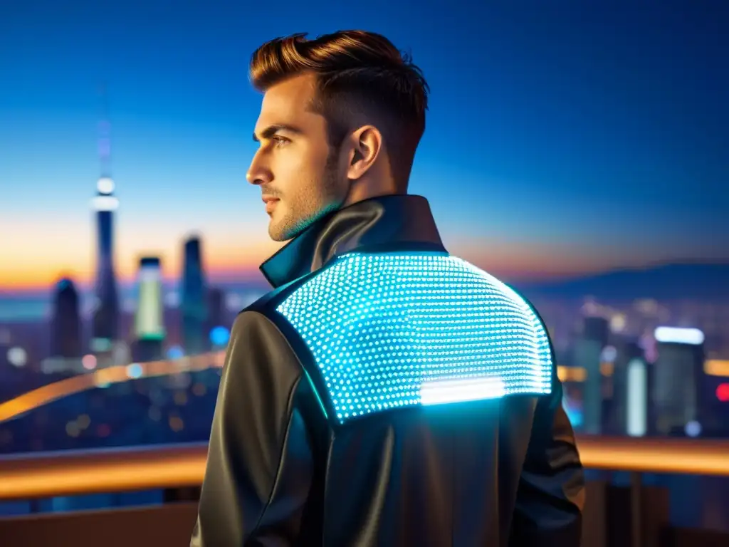 Una impactante chaqueta inteligente con luces LED y sensores, fusionando moda y tecnología en una ciudad bulliciosa