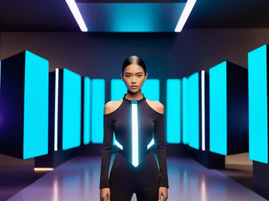 Una impactante imagen de alta resolución que muestra un desfile de moda virtual, destacando la fusión entre tecnología y estilo