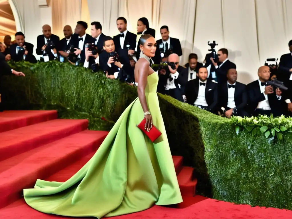 Una impactante imagen de la Met Gala, con deslumbrante moda y sofisticación, capturando la atmósfera glamurosa y el impacto cultural de la Met Gala