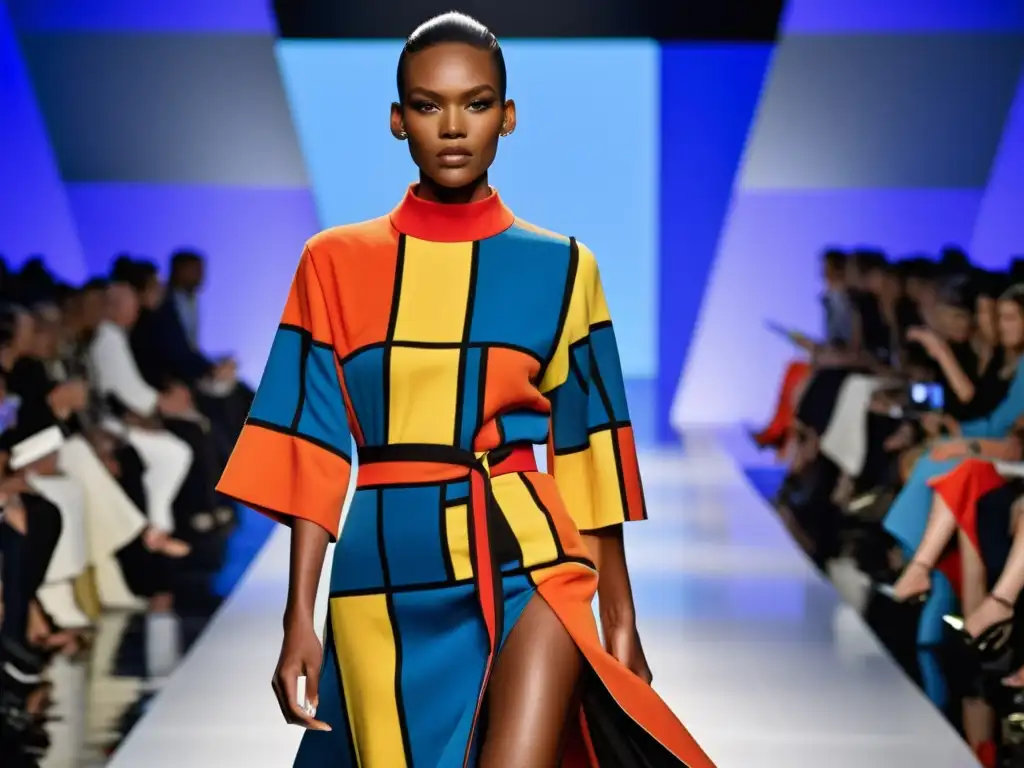 Impacto del cubismo en la moda: Desfile de moda con diseños geométricos y colores vibrantes, fusionando arte y moda con modelos seguros en la pasarela