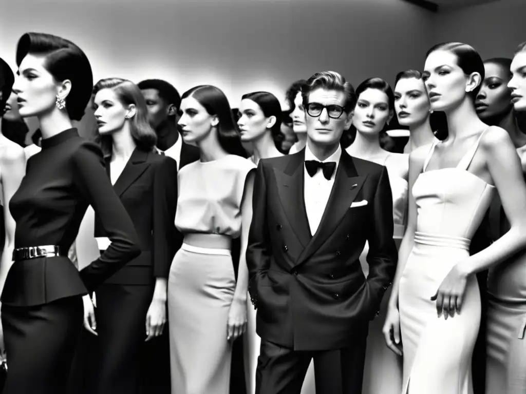 Yves Saint Laurent impacto cultural moda: Fotografía en blanco y negro de Yves Saint Laurent junto a modelos, reflejando su influencia revolucionaria en la moda