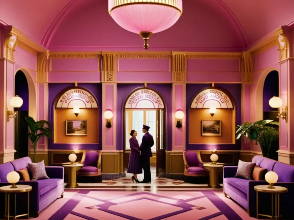 El impacto cultural del diseño narrativo en la elegante y animada escena del lobby del Grand Budapest Hotel, resaltando la icónica paleta de colores rosa y morado y los detallados diseños de Art Nouveau