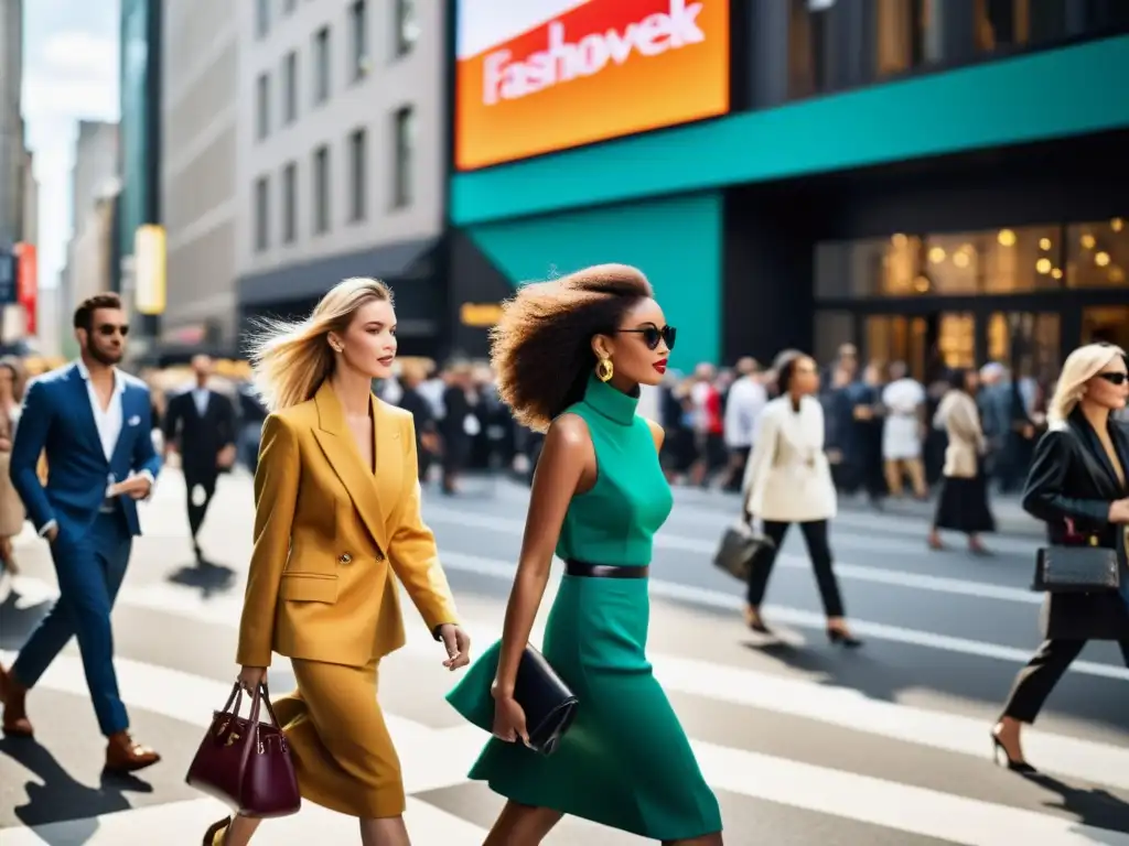 Impacto cultural de la fotografía en la moda: Una calle urbana bulliciosa durante la semana de la moda, con colores vibrantes y estilos diversos