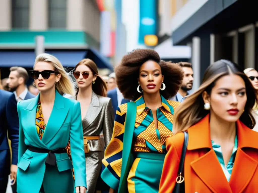 Impacto cultural de la moda: Multitud en la calle durante la semana de la moda, con atuendos expresivos y vibrantes