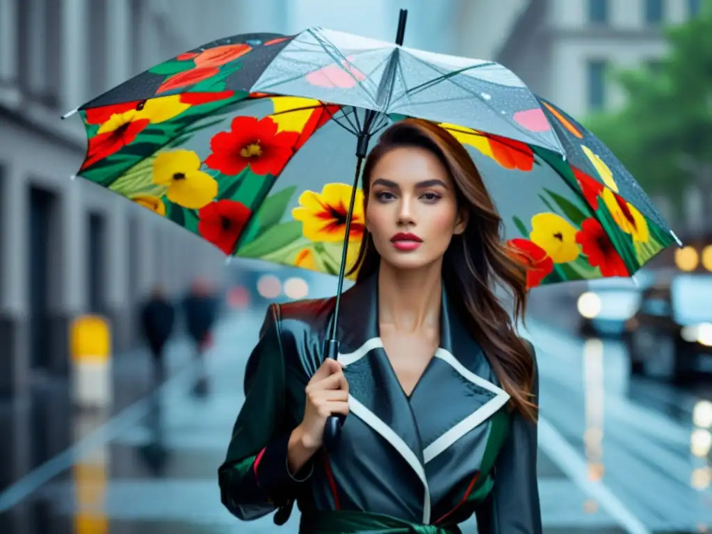 Impacto cultural de los paraguas en moda: Modelo elegante con paraguas vibrante en la lluvia urbana