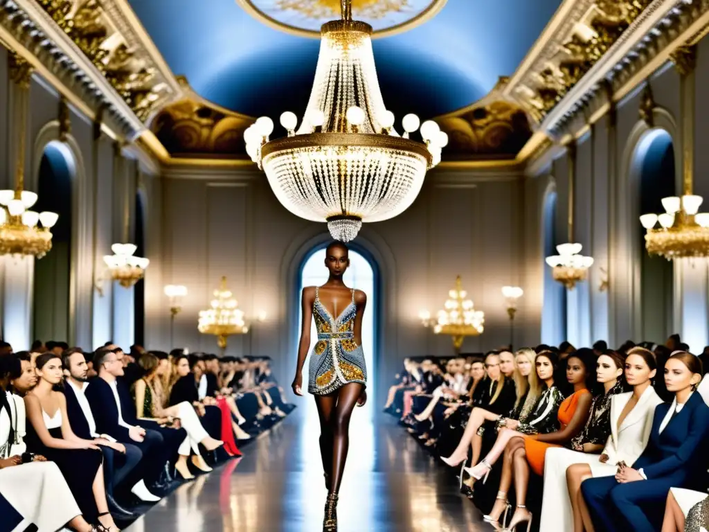 Impacto cultural de la Semana de la Moda de París: Desfile de moda en la pasarela con diseños vanguardistas y espectacular chandelier