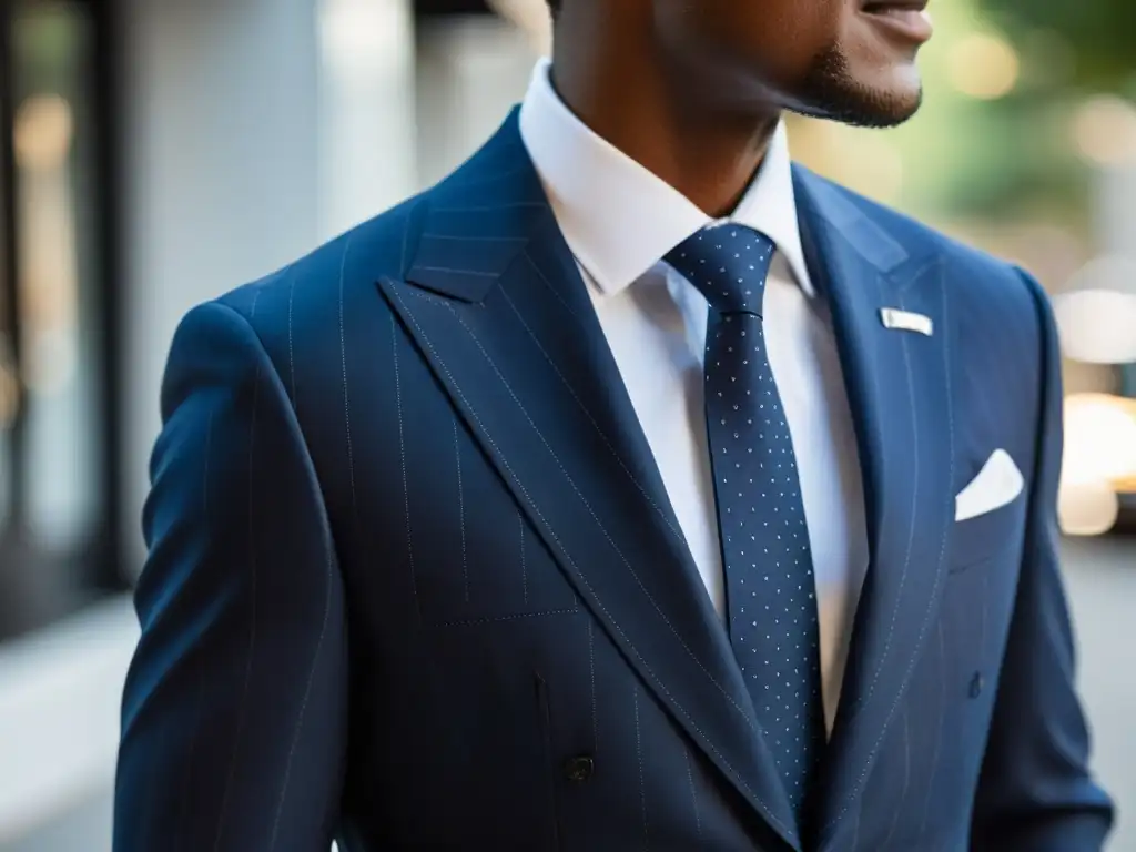 Impecable traje azul marino con rayas finas, camisa blanca y corbata elegante