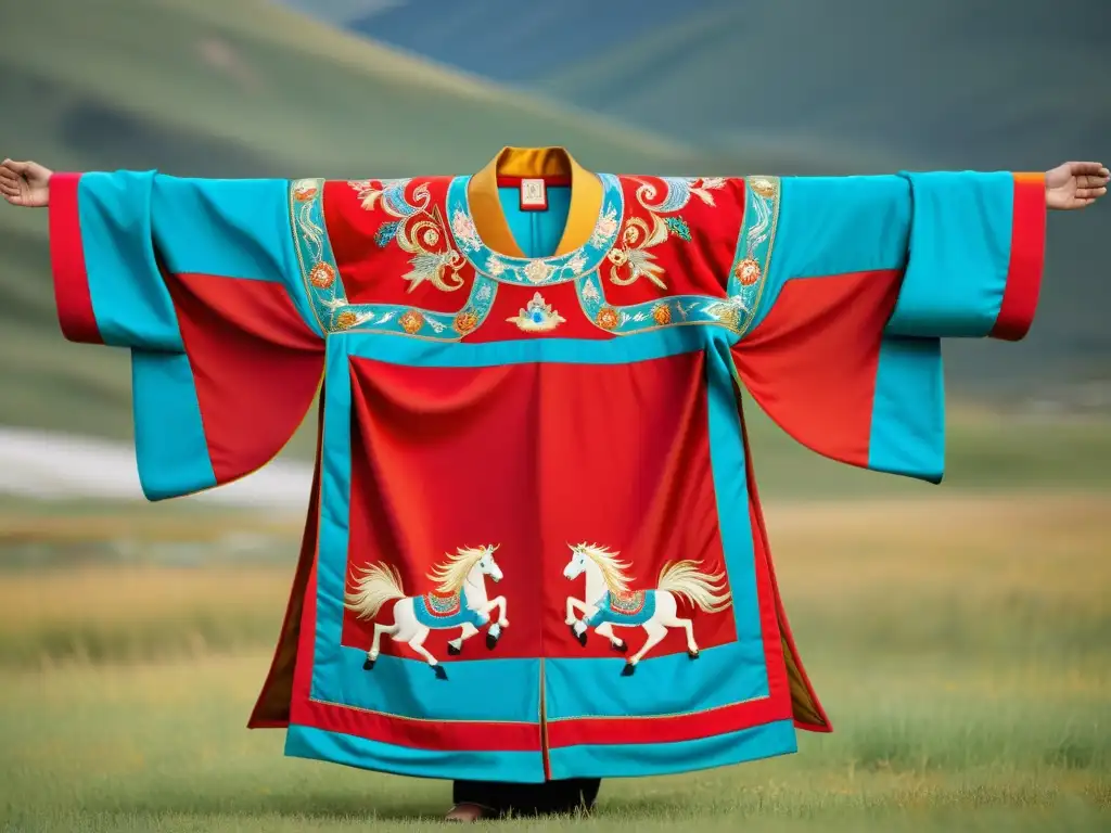 Robe mongol tradicional: bordados vibrantes y paisajes impresionantes Vestimenta en el Imperio Mongol: Un 'del' mongol bordado con motivos de caballos y águilas, en medio de praderas y montañas distantes