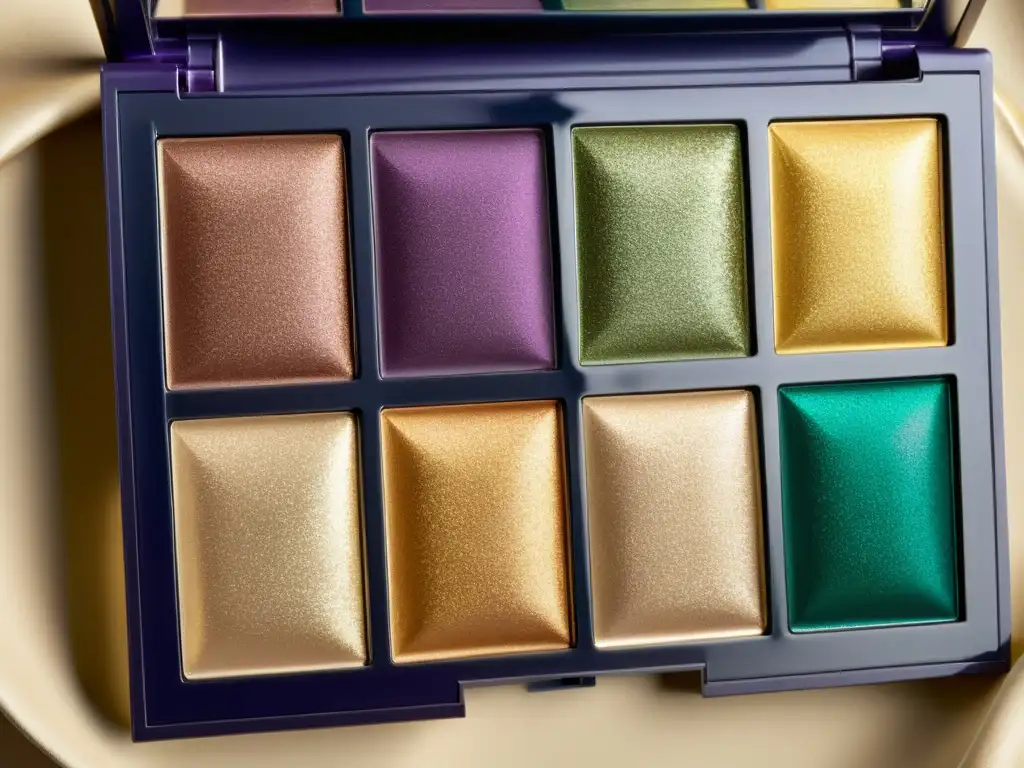 Imponente paleta de ojos de lujo, con tonos opulentos en dorado, púrpura y verde esmeralda, evocando un impacto cultural