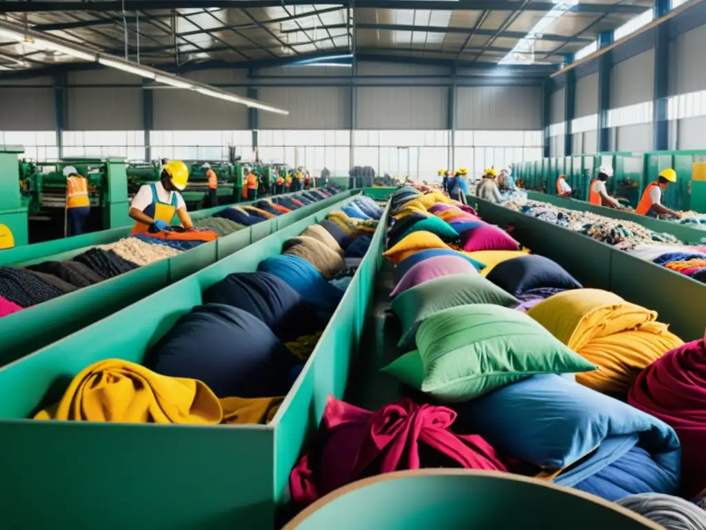 Importante hito en la moda verde: trabajadores reciclando textiles, maquinaria en acción, colores vibrantes y ambiente dinámico