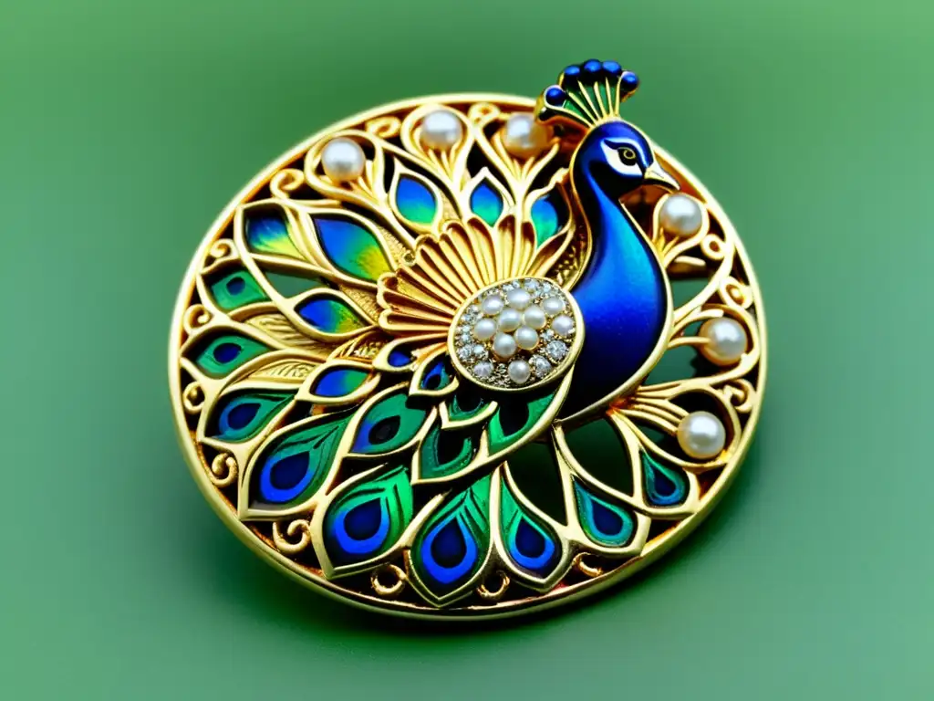 Una impresionante broche Art Nouveau con esmalte detallado y perlas brillantes, evocando la revolución estética en la joyería del siglo XX