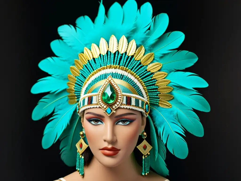 Una impresionante diadema de plumas en tonos turquesa, oro y esmeralda, refleja el legado de la moda nobleza azteca con opulencia y tradición cultural