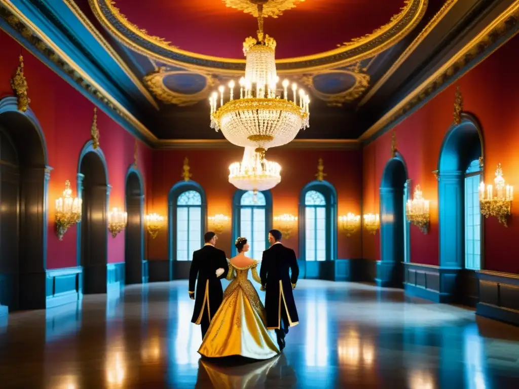 Una impresionante sala de baile barroca llena de nobles y aristócratas elegantemente vestidos, personajes icónicos que definieron el Barroco