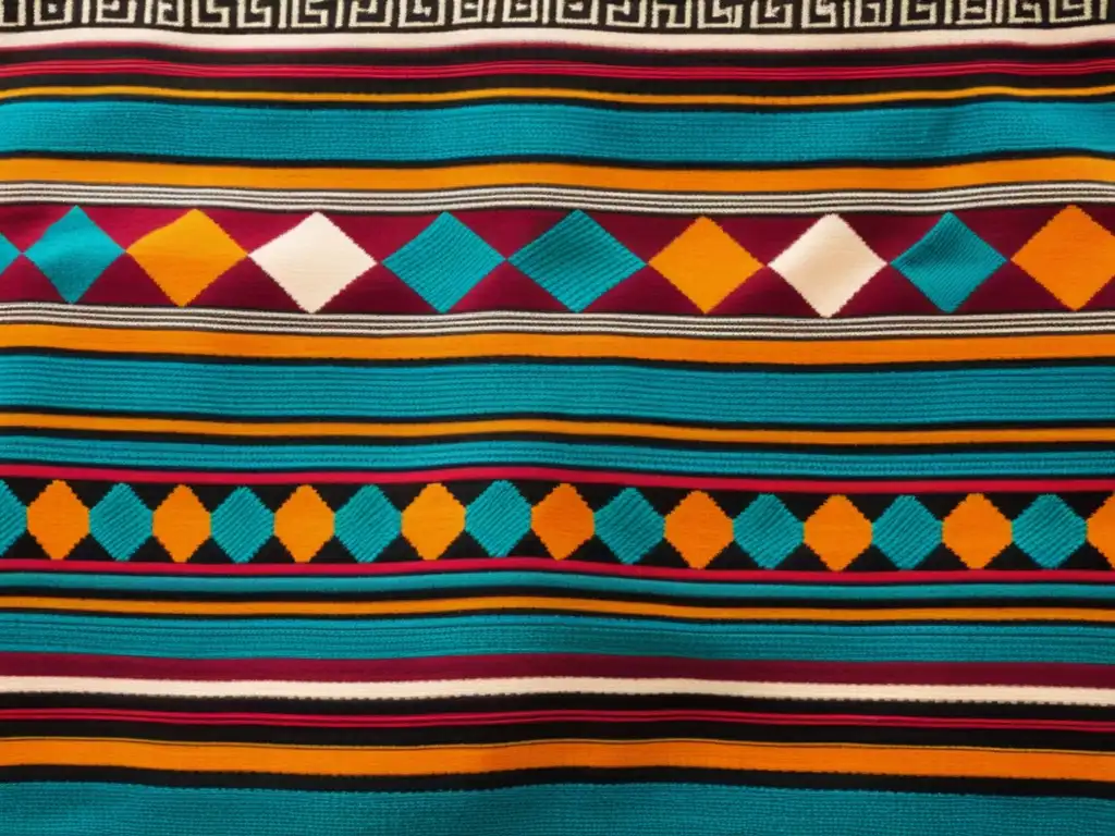 Un impresionante textil quechua, reflejo del arte del tejido en moda quechua con colores vibrantes y patrones tradicionales andinos