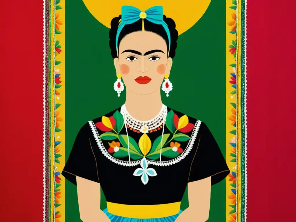 Increíble detalle del icónico vestido Tehuana de Frida Kahlo, resaltando su bordado, colores vibrantes y motivos mexicanos