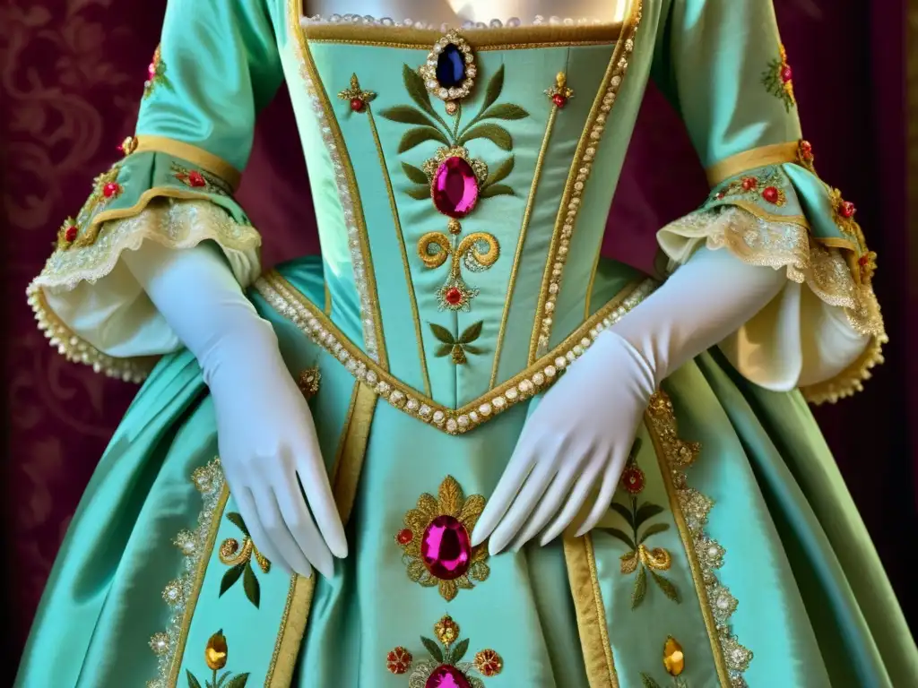 Increíble detalle de un vestido cortesano francés del siglo XVIII, resaltando la influencia de la moda francesa en la opulencia y lujo de la época