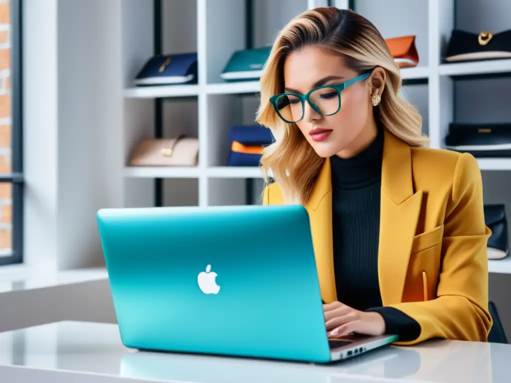 Una influencer de moda organiza campañas de email marketing personalizado moda en su moderna laptop, rodeada de prendas y accesorios de alta moda