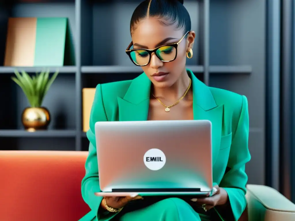 Una influencer de moda revisa campañas de email marketing personalizado en laptop elegante, en un entorno moderno y vibrante