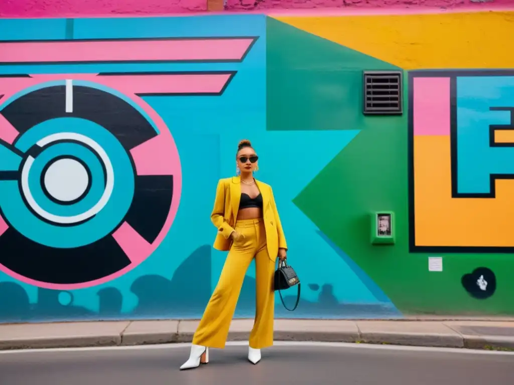 Una influencer de moda destaca entre coloridos murales urbanos, fusionando arte y estilo en el marketing visual moda redes sociales