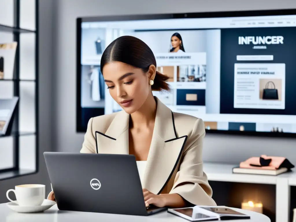 Un influencer de moda emocionado revisa campañas de email marketing personalizado en su laptop, rodeado de revistas y mood boards