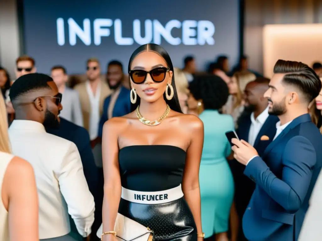 Una influencer de moda en evento de colaboración con marca líder, rodeada de seguidores