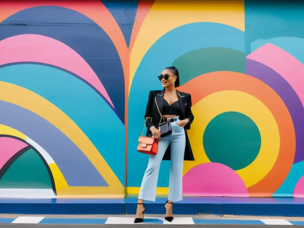 Una influencer de moda frente a un mural colorido, luciendo un atuendo elegante y sosteniendo un bolso de diseñador