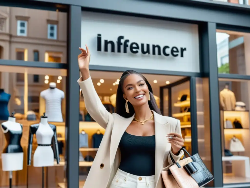 Una influencer de moda posa frente a una tienda, exhibiendo un producto y sonriendo, mientras los transeúntes admiran la moda