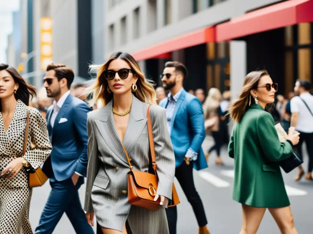 Influencers de moda destacados caminan por la bulliciosa ciudad durante la semana de la moda, rodeados de entusiastas del street style