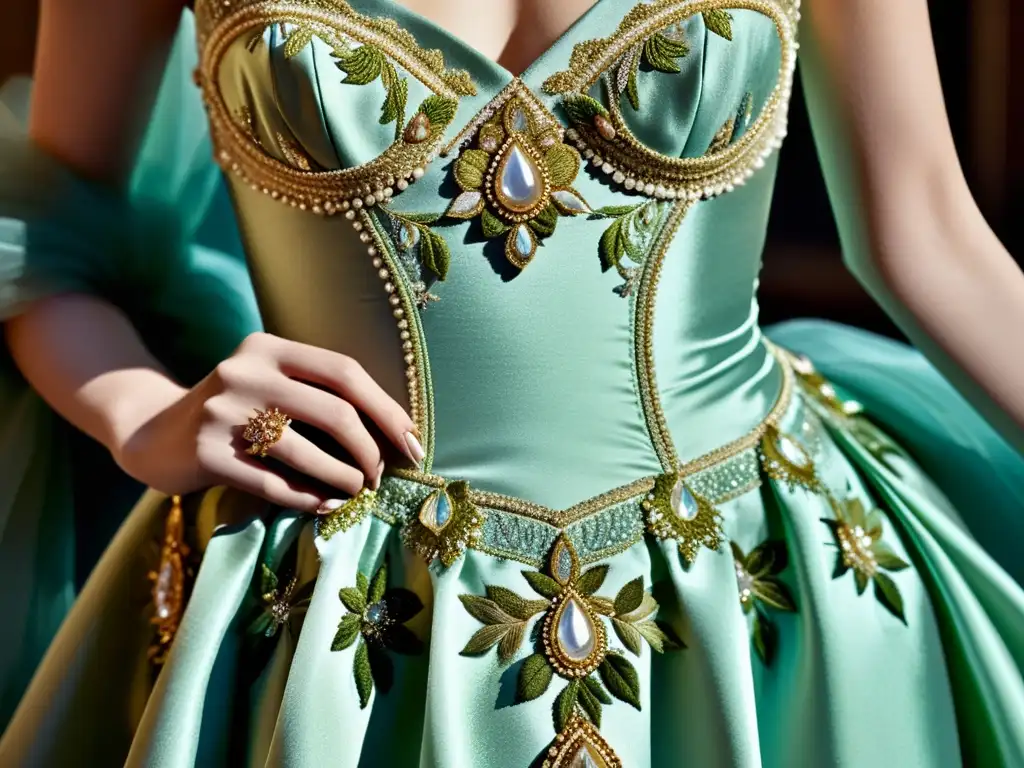 Influencia de la alta costura: Imagen de un exquisito vestido de alta costura, bordado a mano en un lujoso atelier, resaltando la artesanía y opulencia