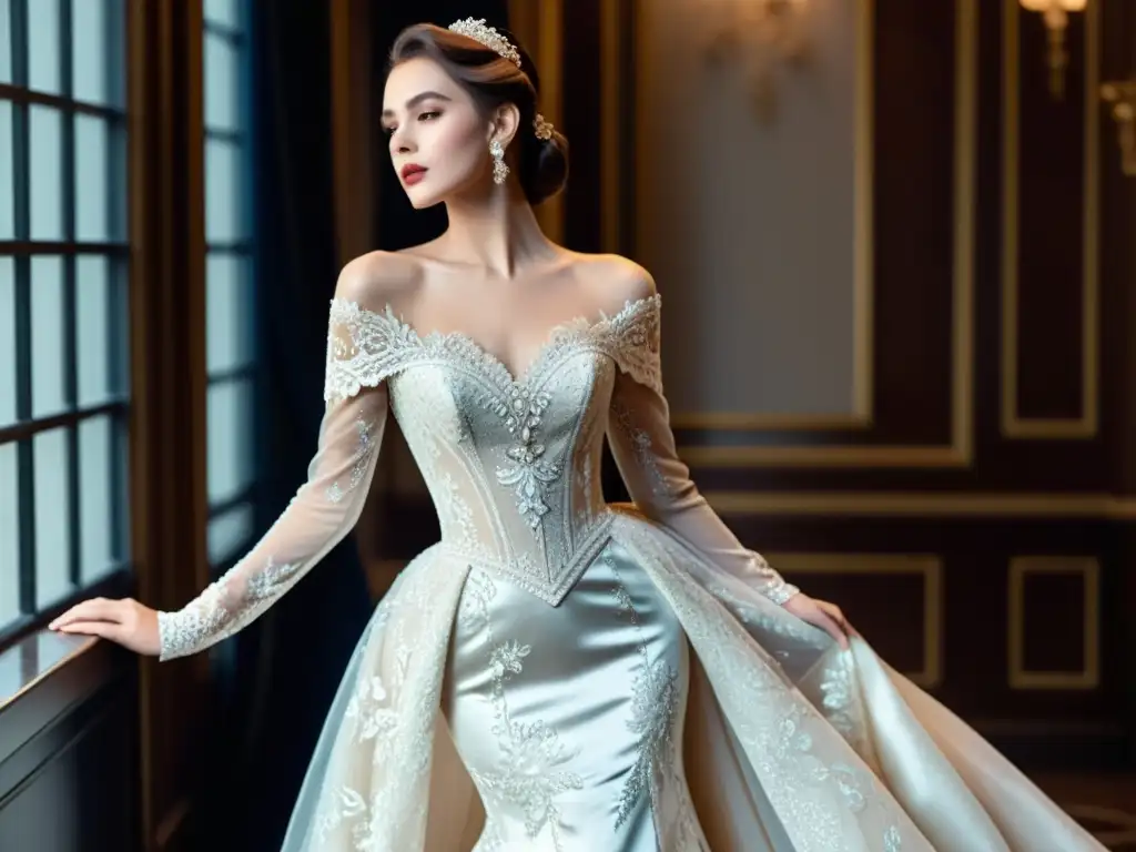 Influencia Belle Époque Alta Costura: Majestuoso vestido de alta costura con encaje, perlas y velo de tul, en un lujoso salón de baile