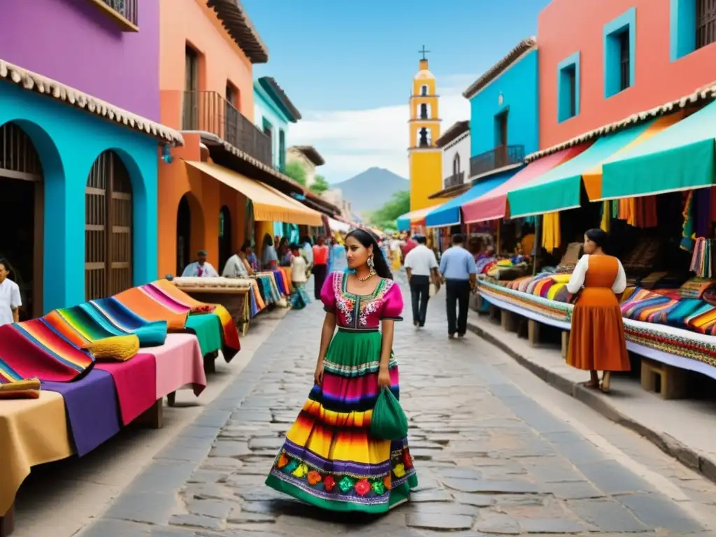 Influencia del arte popular en la moda: Mercado mexicano bullicioso con colores vibrantes, artesanías y vestimenta tradicional