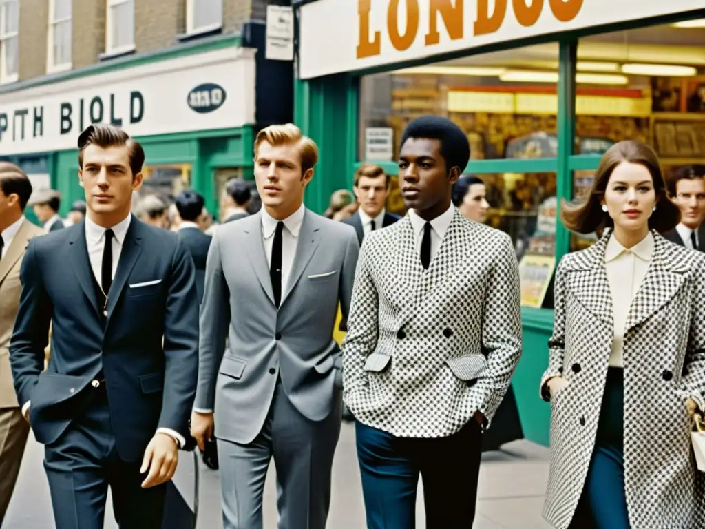 Influencia británica moda años 60: Fotografía en blanco y negro de una bulliciosa calle londinense en los años 60, llena de moda mod y energía juvenil