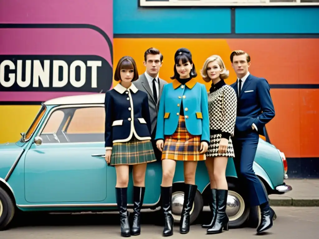 Influencia británica moda años 60: Jóvenes rebeldes en Londres, vistiendo moda mod, con grafitis y coches vintage de fondo