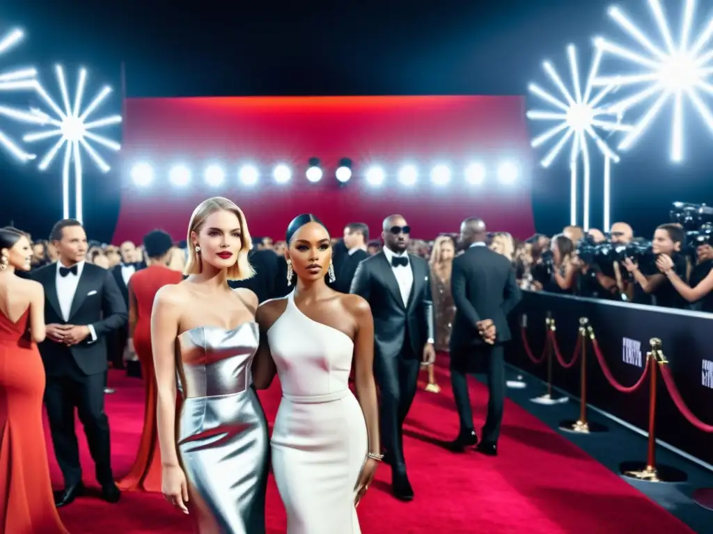 Influencia del cine en la moda: Celebridades en la alfombra roja de Hollywood luciendo diseños futuristas y glamorosos, rodeados de cámaras y fans emocionados