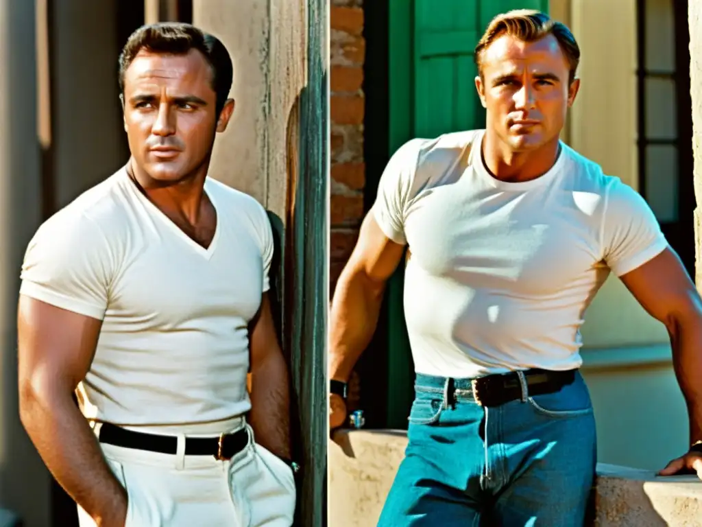 Influencia del cine en moda masculina: Contraste entre la rebeldía de Marlon Brando y la elegancia de James Bond en un split screen