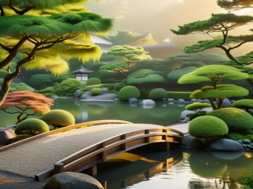 Influencia estética Zen moda japonesa: Jardín japonés sereno con puente de madera, vegetación exuberante y luz dorada al atardecer