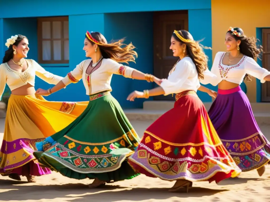 Influencia gitana en la moda: Mujeres gitanas bailando alegremente en círculo, con faldas vibrantes y patrones coloridos, bajo el cálido sol dorado