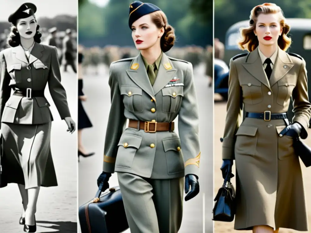 Influencia de las guerras en la moda femenina: Contraste entre moda militar de los años 40 y actual, reflejando elegancia y utilidad atemporal