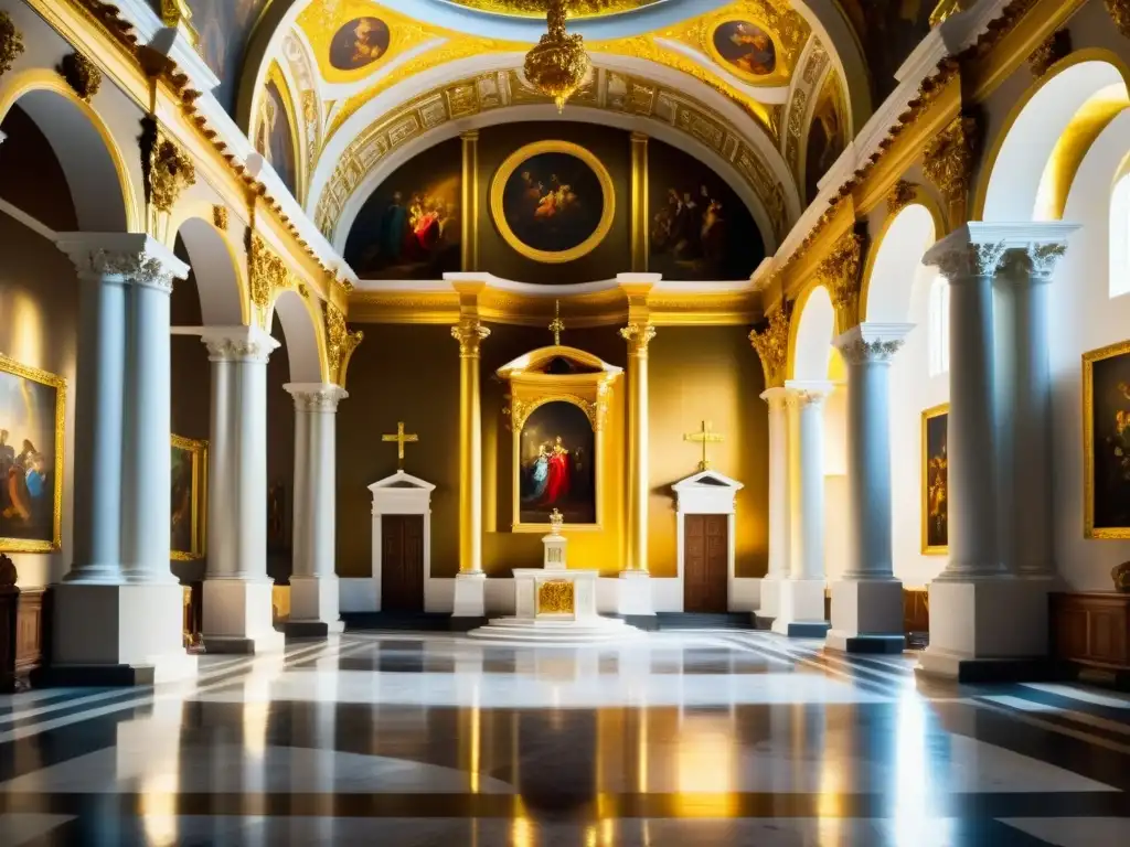 Esplendor barroco: Conversaciones en la iglesia Influencia de la Iglesia en la moda barroca: Imagen detallada de una iglesia barroca con opulentos interiores y elegantes figuras conversando