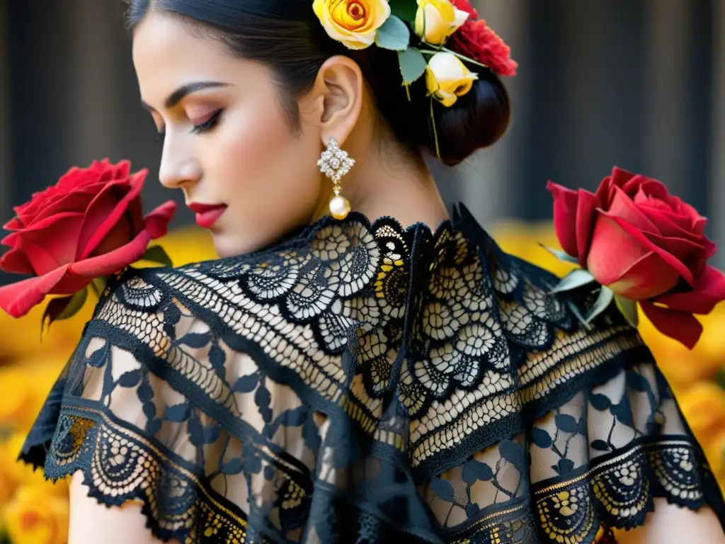 Influencia de la mantilla española: Una bailarina con mantilla negra de encaje, rosas rojas y amarillas en el pelo, evocando elegancia y tradición