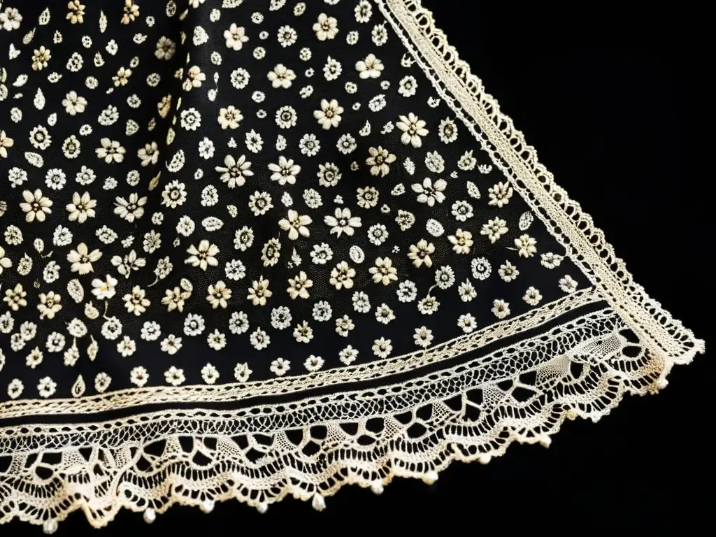 Influencia de la mantilla española: Detalle de una mantilla bordada con motivos florales sobre fondo negro, evocando elegancia y tradición