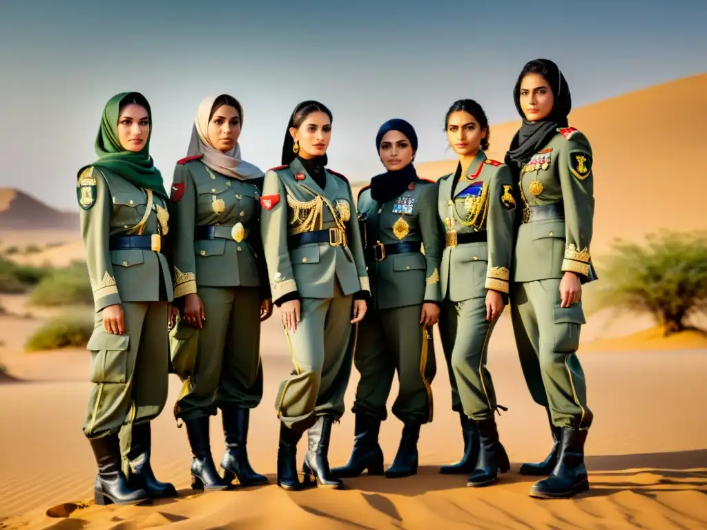 Mujeres del Medio Oriente: Fusión militar y tradición Influencia militar en la moda: Mujeres del Medio Oriente lucen atuendos militares tradicionales con elegancia en el desierto soleado