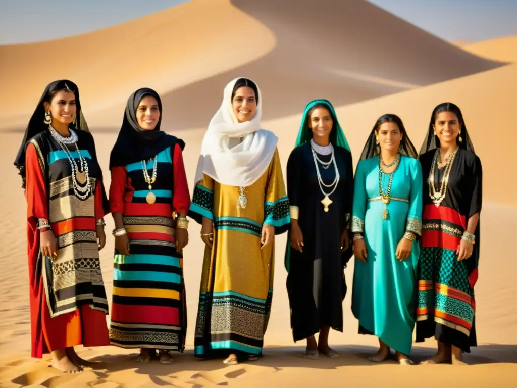 Influencia de la moda beduina: Mujeres beduinas con trajes tradicionales vibrantes y elegantes, destacándose en el desierto dorado